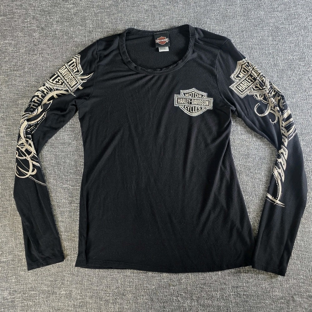 Harley-Davidson Women's Tribal Embellished Long Sleeve Scoop Neck Shirt Black M